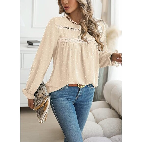 Womens Boho Long Sleeve Shirt Polyester Casual Ruffle Crochet Swiss Dot Top - Picture 4 of 5